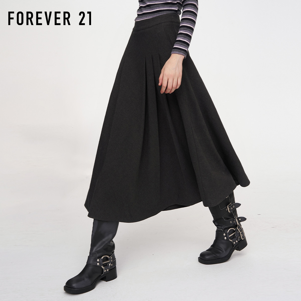 Forever21英伦极简灰百褶长裙
