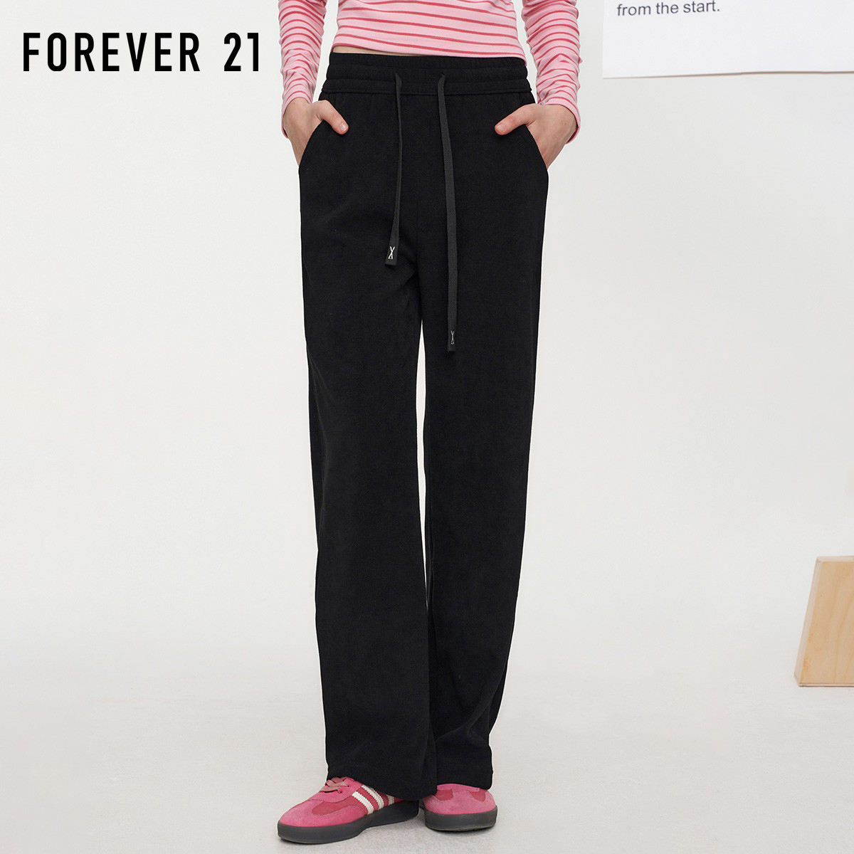FOREVER21黑色垂感宽松显瘦裤
