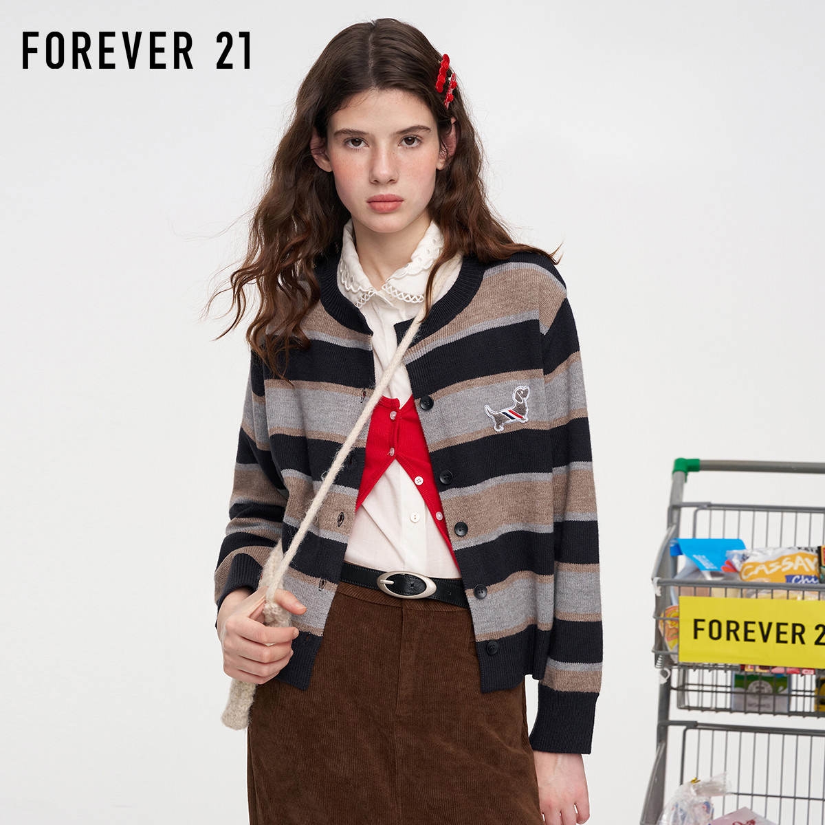 FOREVER21复古风条纹针织开衫