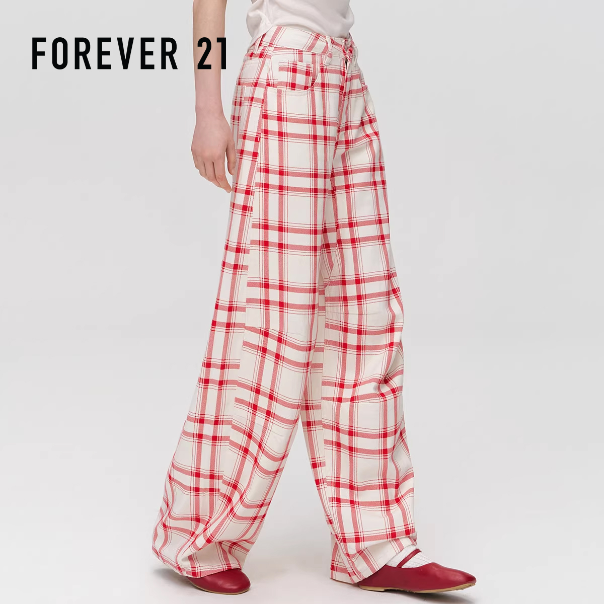 红白格纹设计感阔腿格子裤女