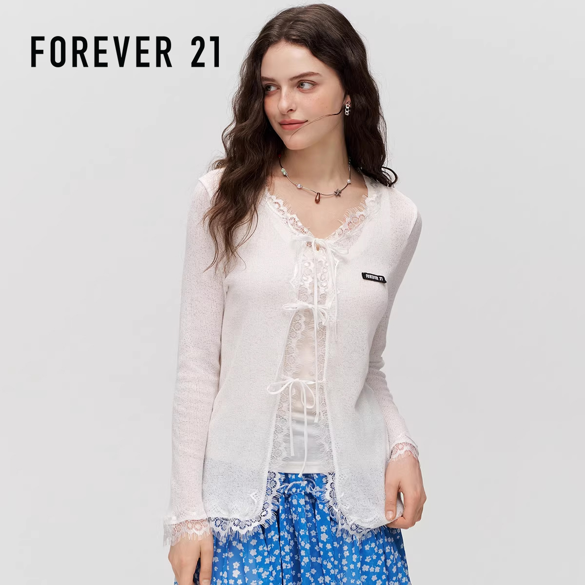 V领蕾丝花边薄款开衫针织开衫