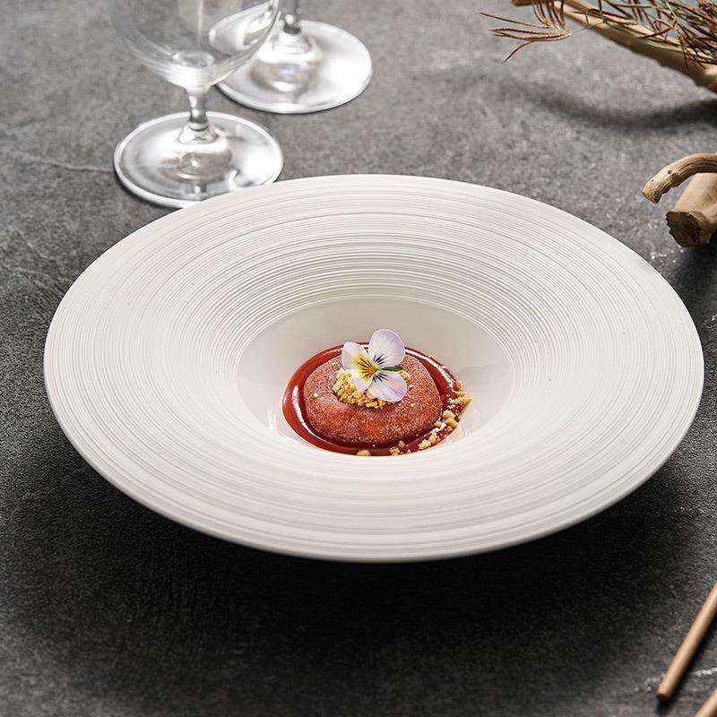 拉线陶瓷浓汤盘圆形盘子家用菜盘高端轻奢酒店餐具西餐盘斗笠碗盘