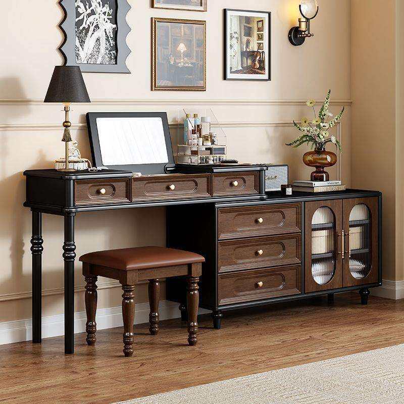 法式复古实木梳妆台斗柜一体美式中古风化妆桌卧室床尾柜子小户型