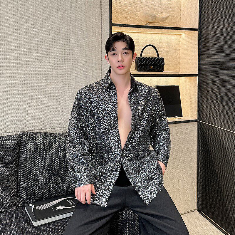高级感小众重工艺亮片不规则衬衫男长袖炸街网红夜店演出舞台装潮