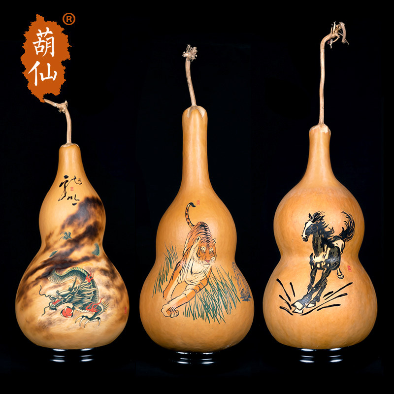 精品特大天然葫芦摆件手工u墨刻烙画针画龙虎马吉祥寓意工艺品摆