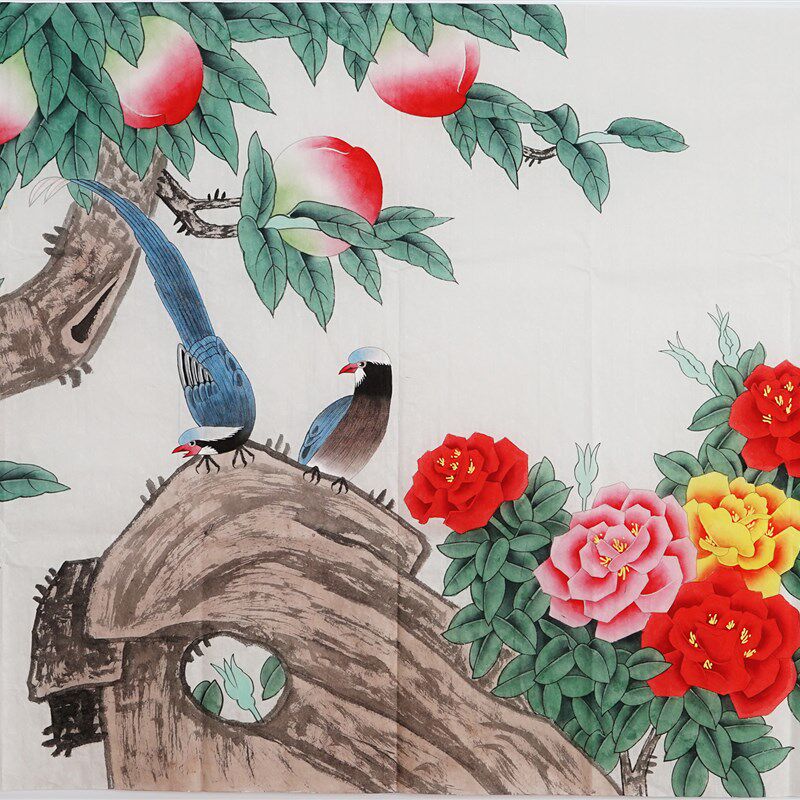 工笔画国画寿桃装饰画手绘花鸟画三尺玄关客厅挂画字画秦薇01129