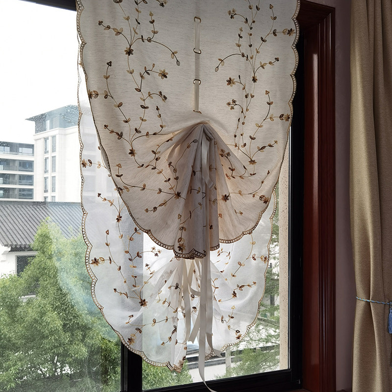 免打孔罗马帘厨房绣花窗帘客厅阳台落地窗装饰P纱帘卧室半遮光飘