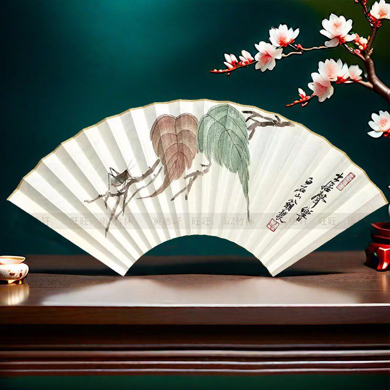 手绘扇面小鸡仔鱼 蝈蝈贝叶 虾蟹 仿齐白石扇子 95寸18方折扇定制