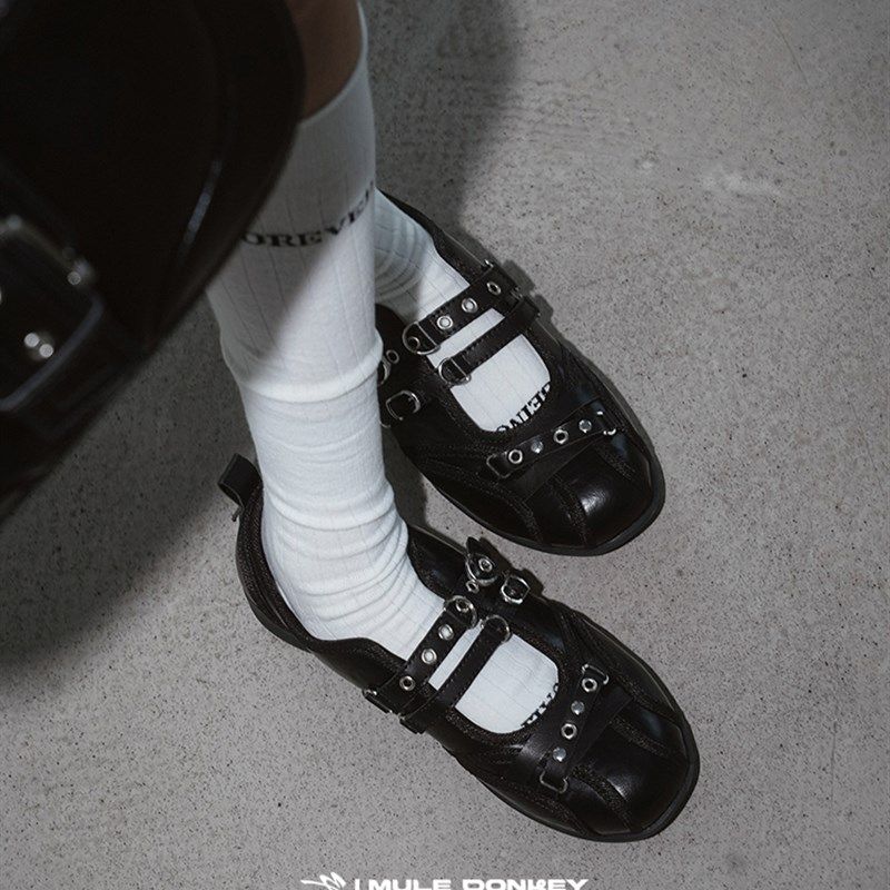 驴黑色玛丽简鞋女性夏季浅口鞋芭蕾平底鞋X朋克铆钉凉鞋