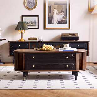 诺森茶几法式复古实木电视柜收纳储物柜一体椭圆形茶桌中古风茶几