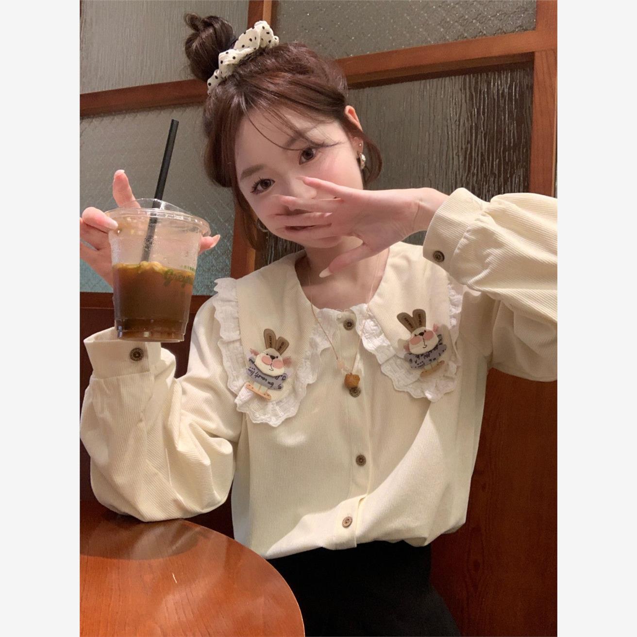 韩版甜美减龄可爱兔子娃娃领长袖衬衫女秋装日系衬衣宽松开衫上衣