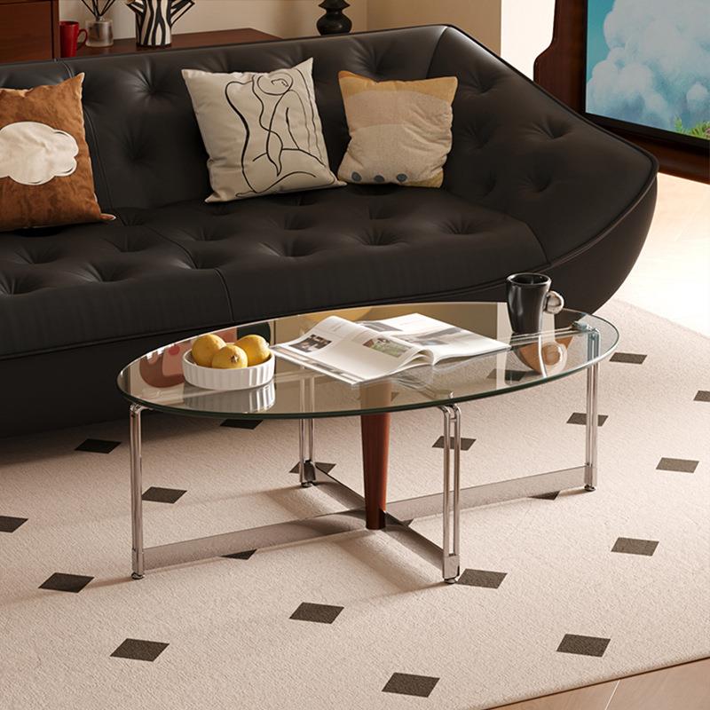 北欧复古玻璃茶几钢化中古小户型茶桌简约不锈钢客厅椭圆形茶几