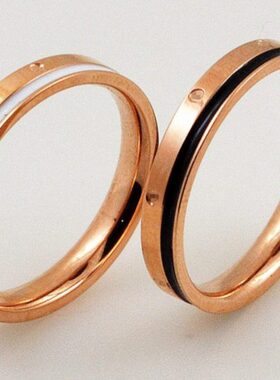 时尚黑白色滴油带印一字纹玫瑰金戒指 时尚个性男女情侣对戒指环