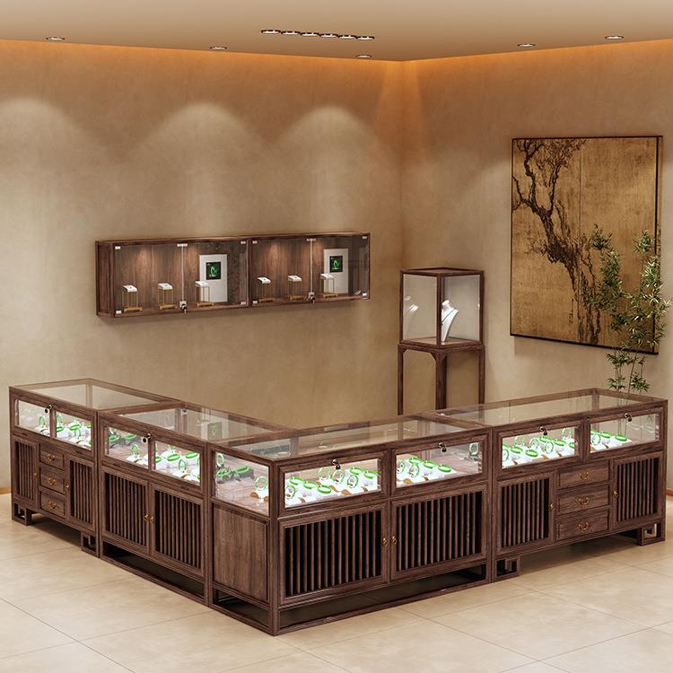 实木珠宝展示柜台新中式玻璃货柜展台首饰翡翠玉器陈列柜中岛柜台