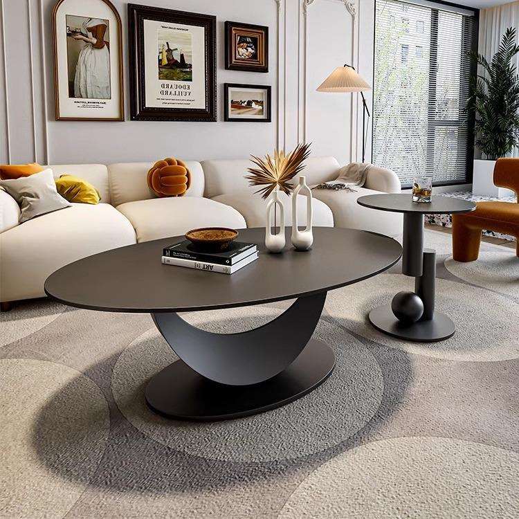 纯黑岩板椭圆形茶几轻奢现代简约小户型异形茶几客厅家用组合极简