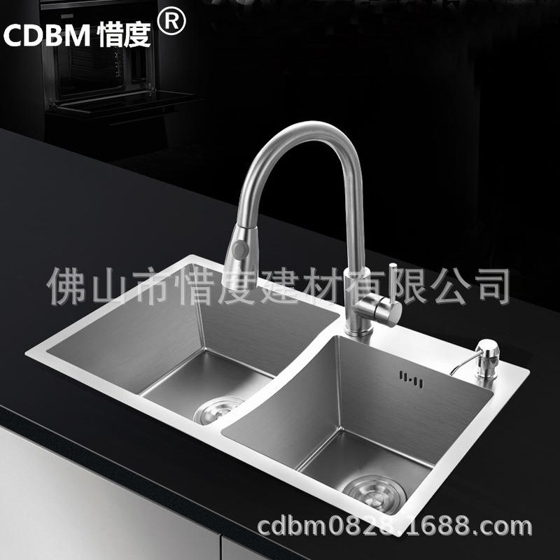 厂家直销304不锈钢水槽手工水槽加厚板手工盆72*40双槽含龙头套装