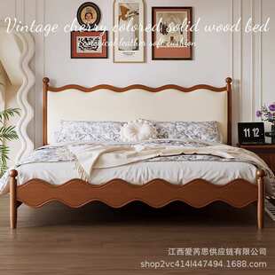 法式中古风全实木床1.8m涟漪床软包轻奢床主卧奶油风白蜡双人婚床