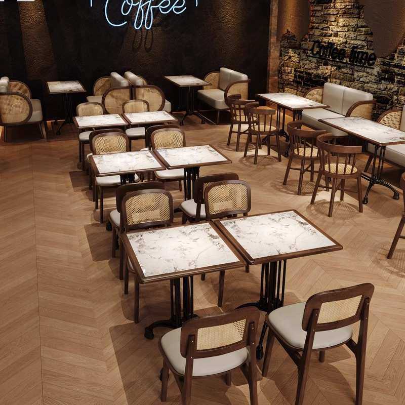 美式酒馆清吧西餐厅实木桌椅组合复古咖啡奶茶甜品店岩板餐桌商用