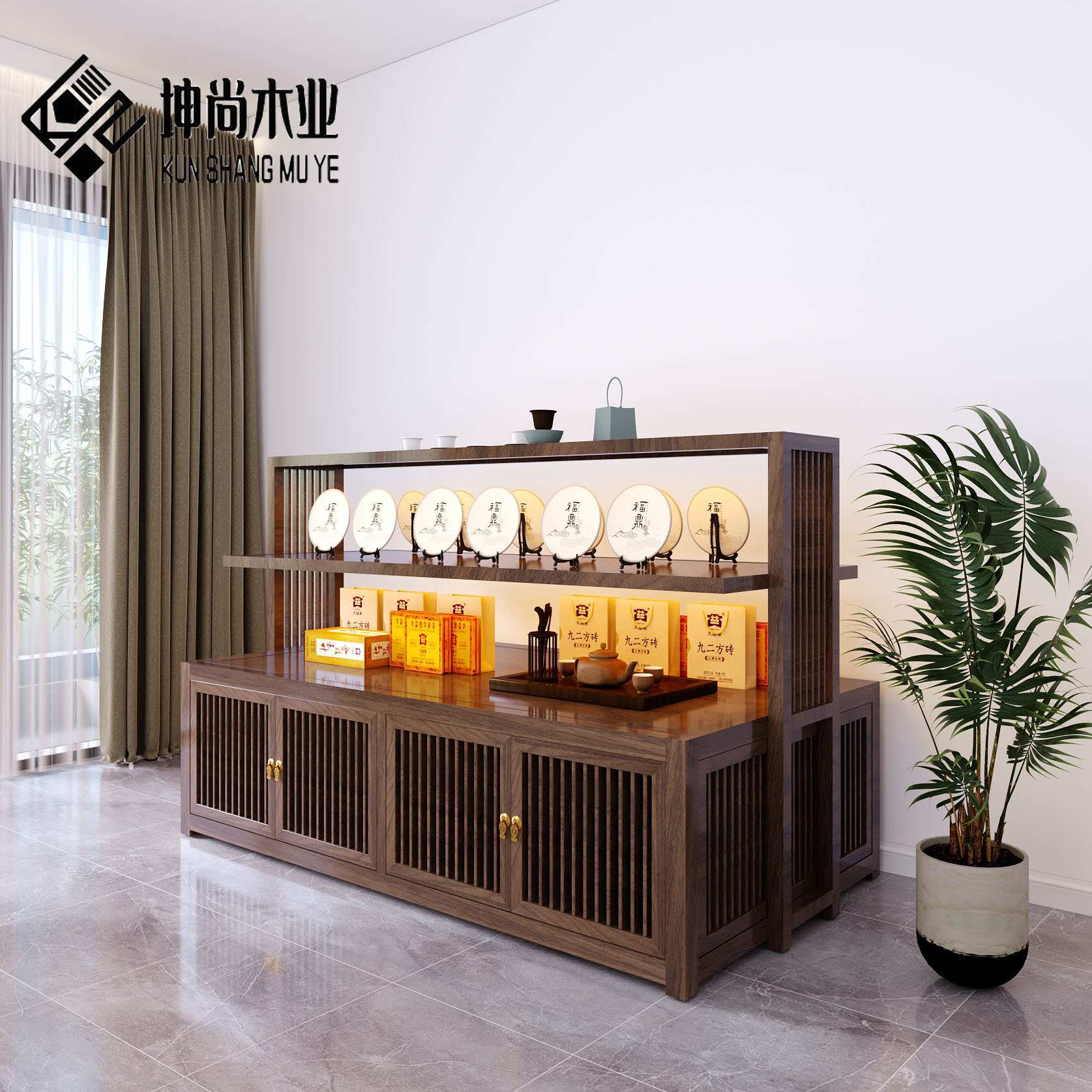 老榆木中岛展示柜茶叶柜双面展示架瓷器玉器货架白蜡木多层陈列架