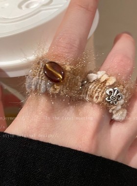 美拉德毛线树脂戒指女法式复古时尚个性食指戒独特T高级感叠戴指