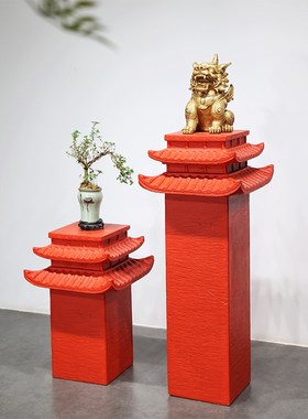 办公室落地新中式仿石头底座石柱墩花架玄K关入户门客厅装饰品摆