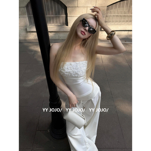 美式复古又酷又飒辣妹白色休闲套装女夏抹胸上衣直筒阔腿裤两件套