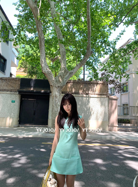 韩系绿色娃娃领背心a字连衣裙女夏纯欲千金风显瘦气质无袖中长裙