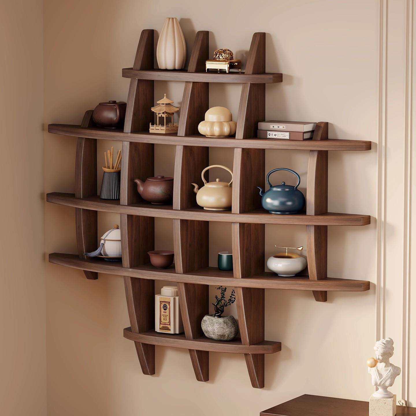 墙上博古架实木中式茶具摆架展示架壁挂式紫砂壶放置架挂墙茶杯架
