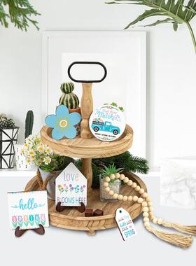 新款Hello Spring主题欢迎春天分层托盘装饰品 可爱小花木制摆件