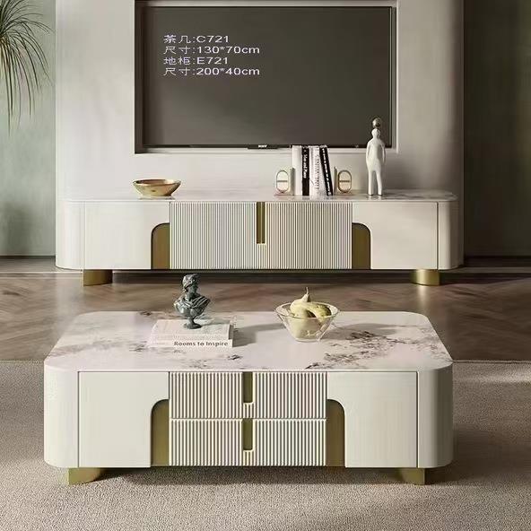后现代轻奢家用岩板金色长方形茶几电视柜餐边柜组合茶几高款地柜