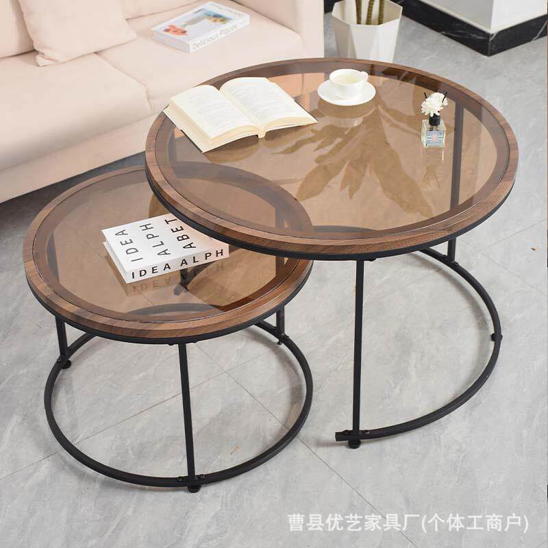 圆形茶几奶油风玻璃圆茶几创意组合字母茶几小户型茶桌铁艺茶几桌