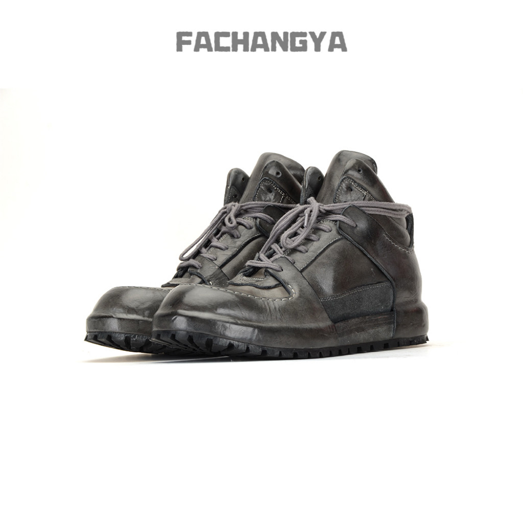 FACHANGYA新款灰色马皮鞋高帮鞋休闲手工男鞋厚底内增高潮流时尚