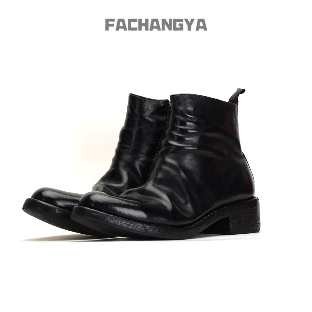 FACHANGYA新款切尔西靴子男鞋固特异手工马皮翘头水洗做旧褶皱靴