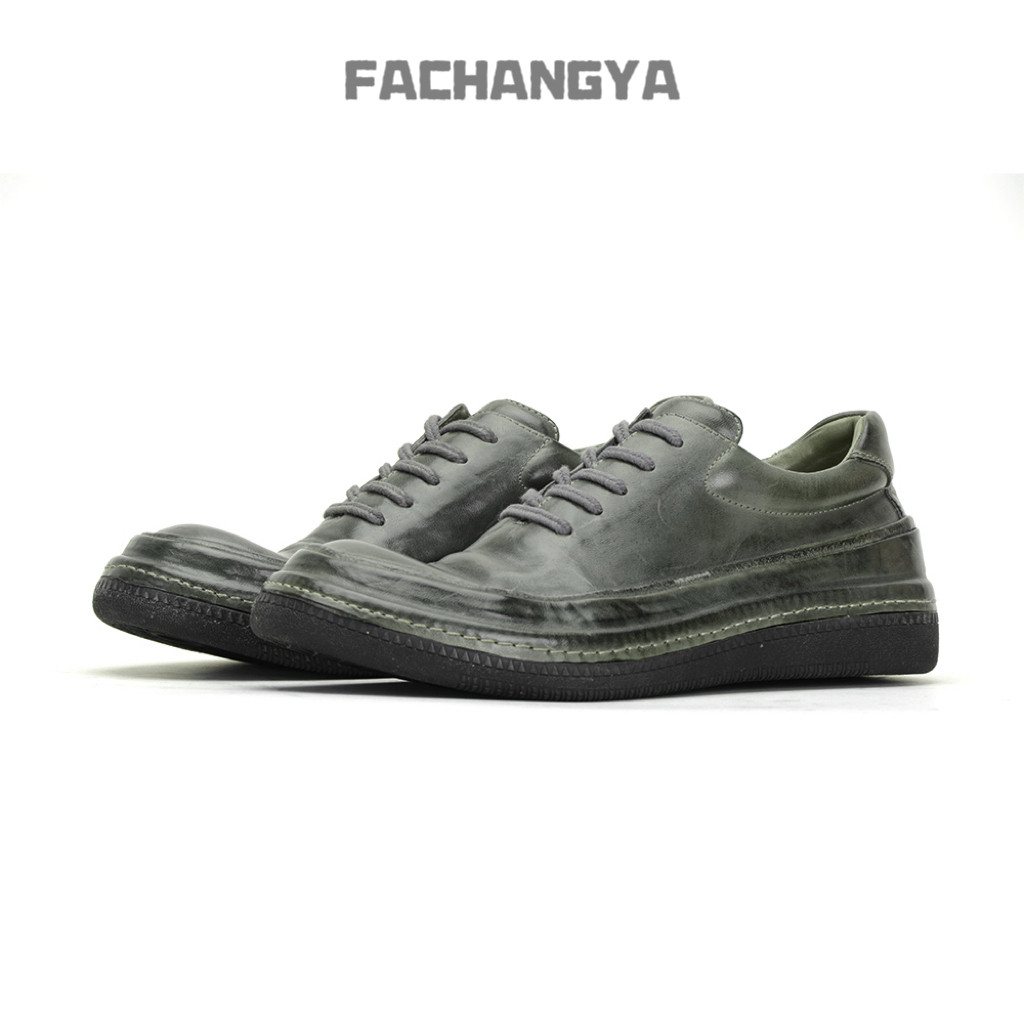 FACHANGYA灰色休闲板鞋系带手工鞋水洗鞋马皮鞋男士透气时尚男鞋