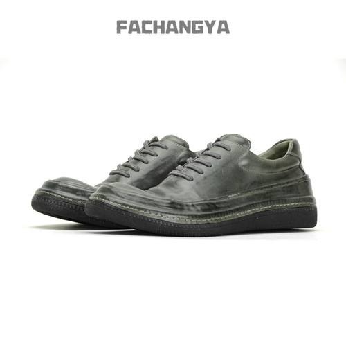 FACHANGYA灰色休闲板鞋系带手工鞋水洗鞋马皮鞋男士透气时尚男鞋