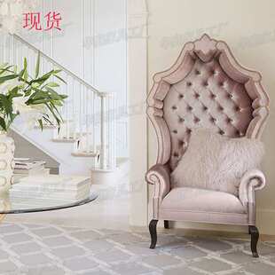 欧式粉色单人沙发布艺公主椅美式多功能高背椅实木装饰椅网红椅