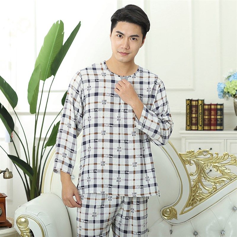 夏季家居服男可出门休闲人造棉男士睡衣绵绸长袖夏季棉绸上衣薄款