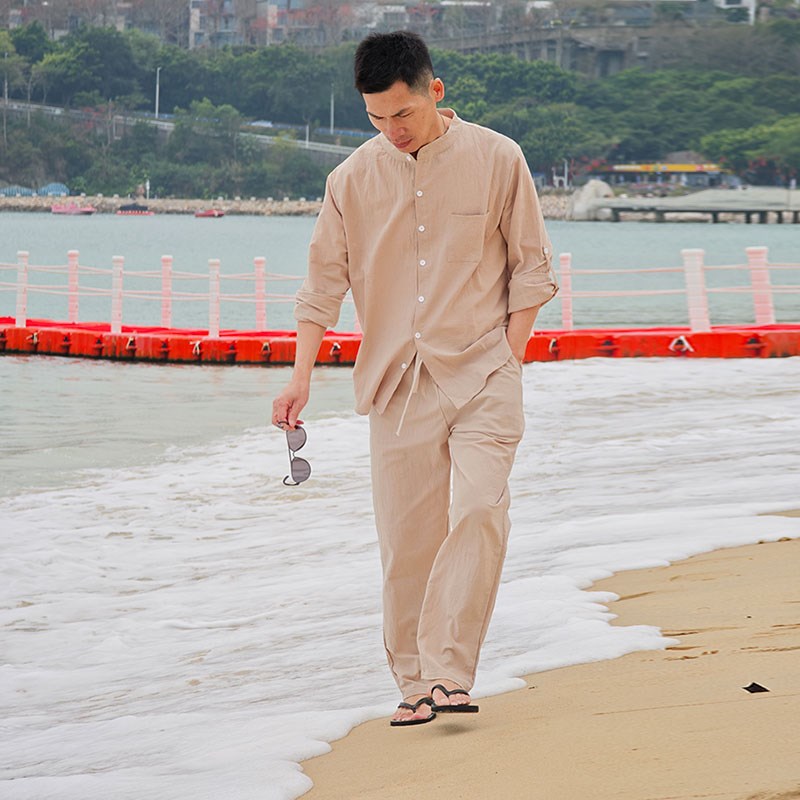 法式男士衬衫套装时尚休闲宽松版亚麻裤长袖轻熟帅气质两件套衬衣