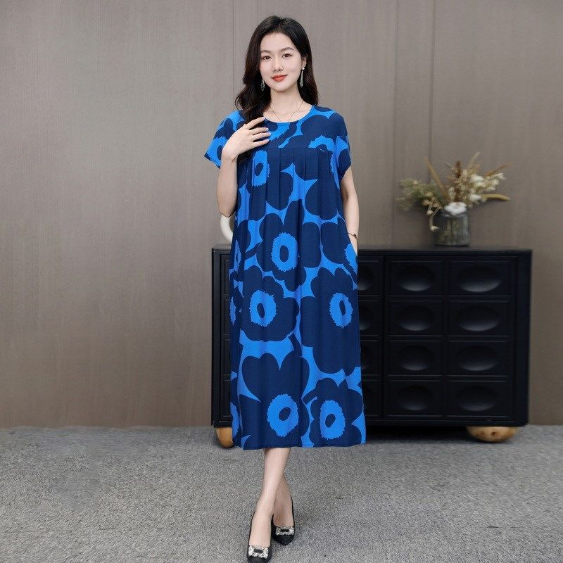 2025夏季新款纯棉绸连衣裙女士大码短袖中长款睡衣人造棉薄款睡裙