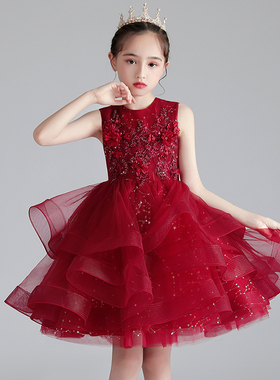女童晚礼服公主裙红色花童蓬蓬纱小主持人儿童高端钢琴演出服夏季