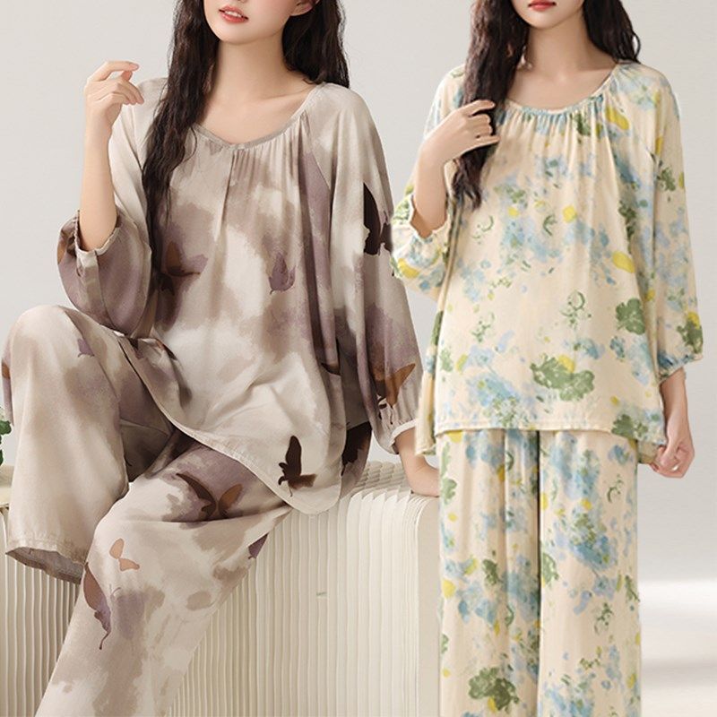 春秋新款棉绸家居服女士套装薄款夏季长袖人造棉睡衣女可外穿韩版