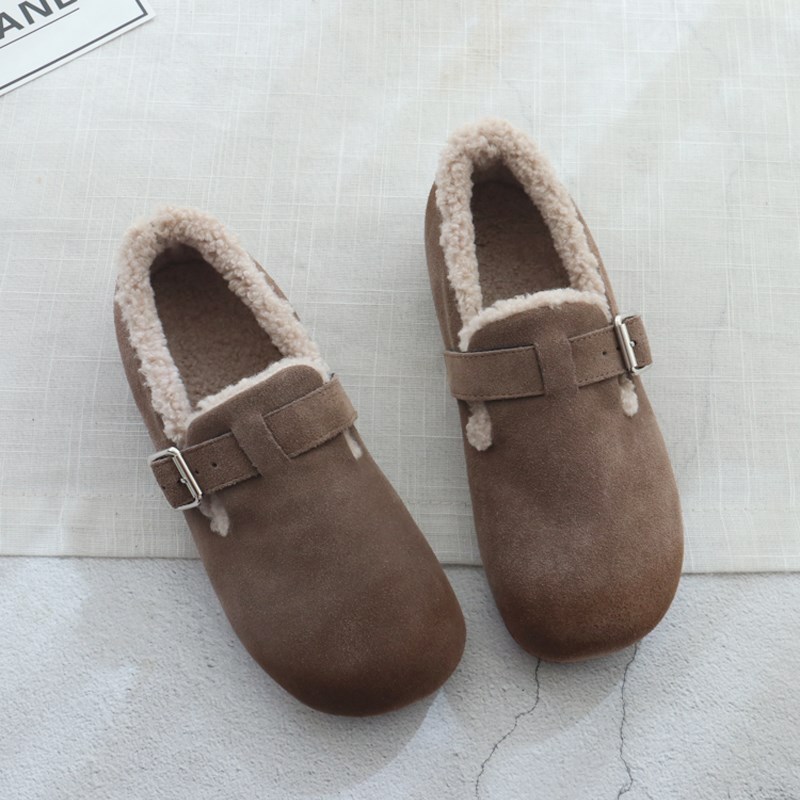 真皮复古女鞋冬季加绒平底豆豆鞋韩版百搭软底棉鞋一脚蹬雪地靴女