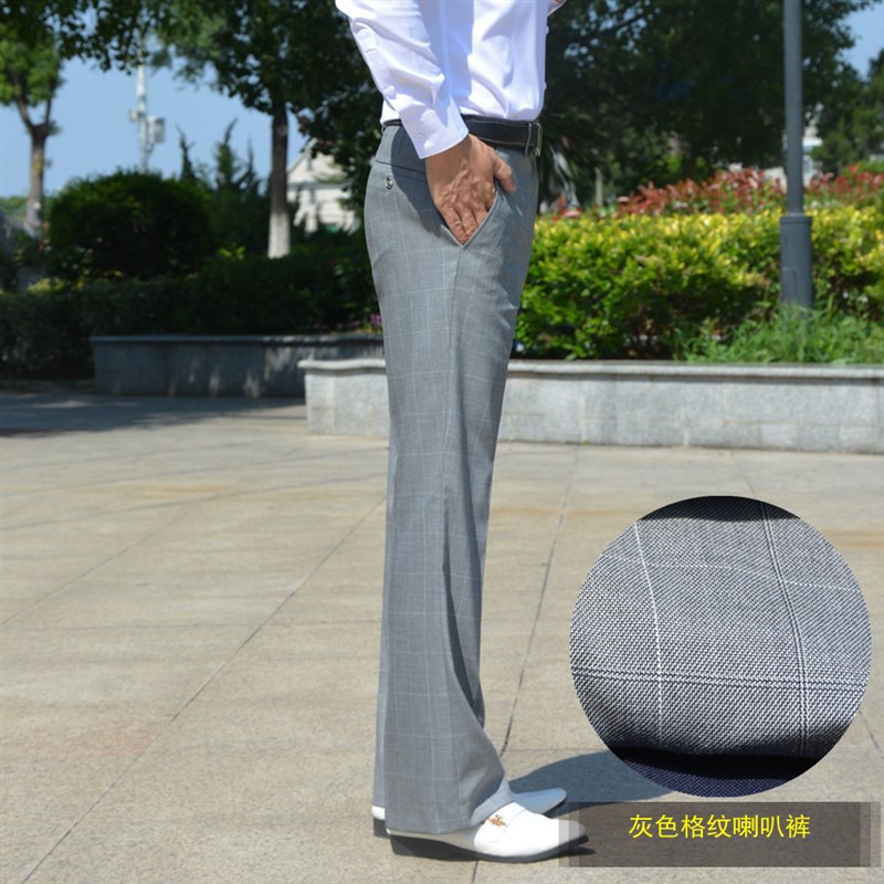 秋天格子男裤垂感抗皱喇叭裤男时尚休闲微喇西裤免烫格纹阔腿裤子