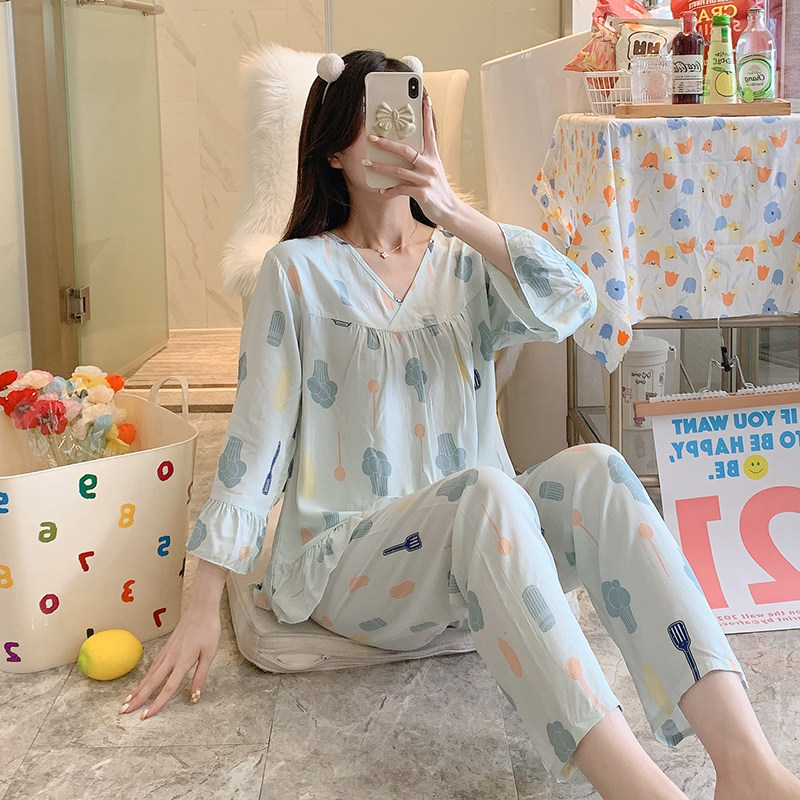 夏天绵绸睡衣女士长袖薄款纯棉绸套装韩版人造棉宽松家居服春秋天