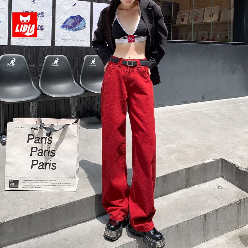 红色窄版直筒裤高腰牛仔裤女秋季炸街网红爆款裤子美式收腰阔腿裤
