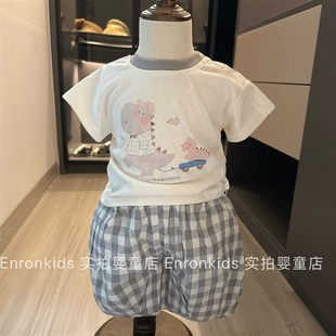 超萌韩系童装夏款男宝宝短袖格子七分裤婴儿T恤短裤可爱分体套装2