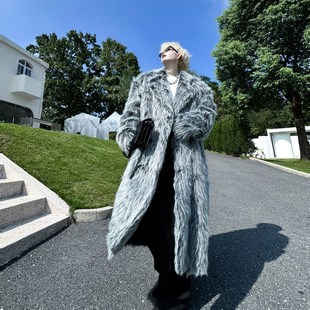 冬季复古氛围感加绒加厚中长款仿皮草外套男韩版高级抗冻过膝大衣