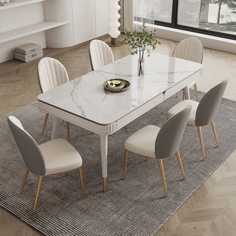 轻奢亮光岩板餐桌椅组合小户型现代简约家用带抽屉储物长方形饭桌