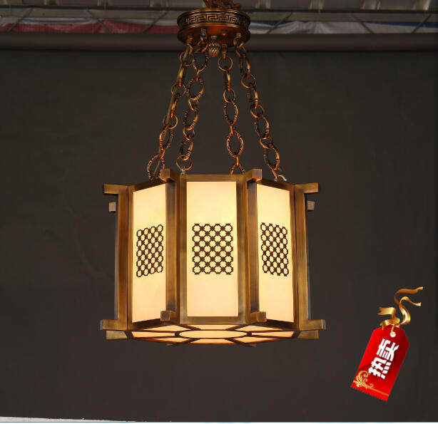 别墅小客厅餐厅餐桌吊灯过道走廊玄关入户门口宫灯中式全铜云石灯