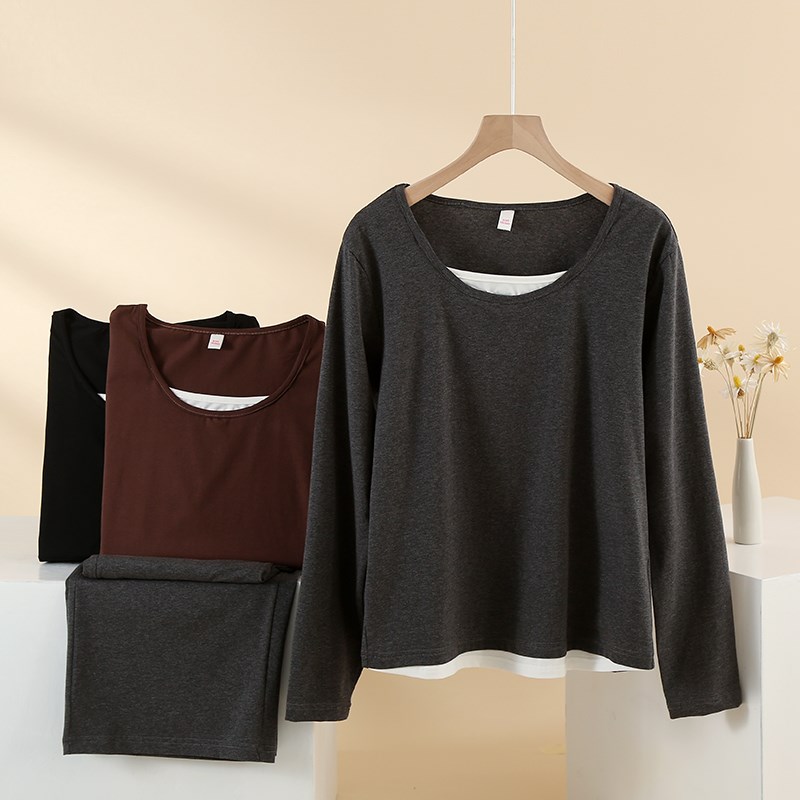 假两件长袖睡衣女款春秋夏季纯棉网红风简约日系可外穿家居服套装